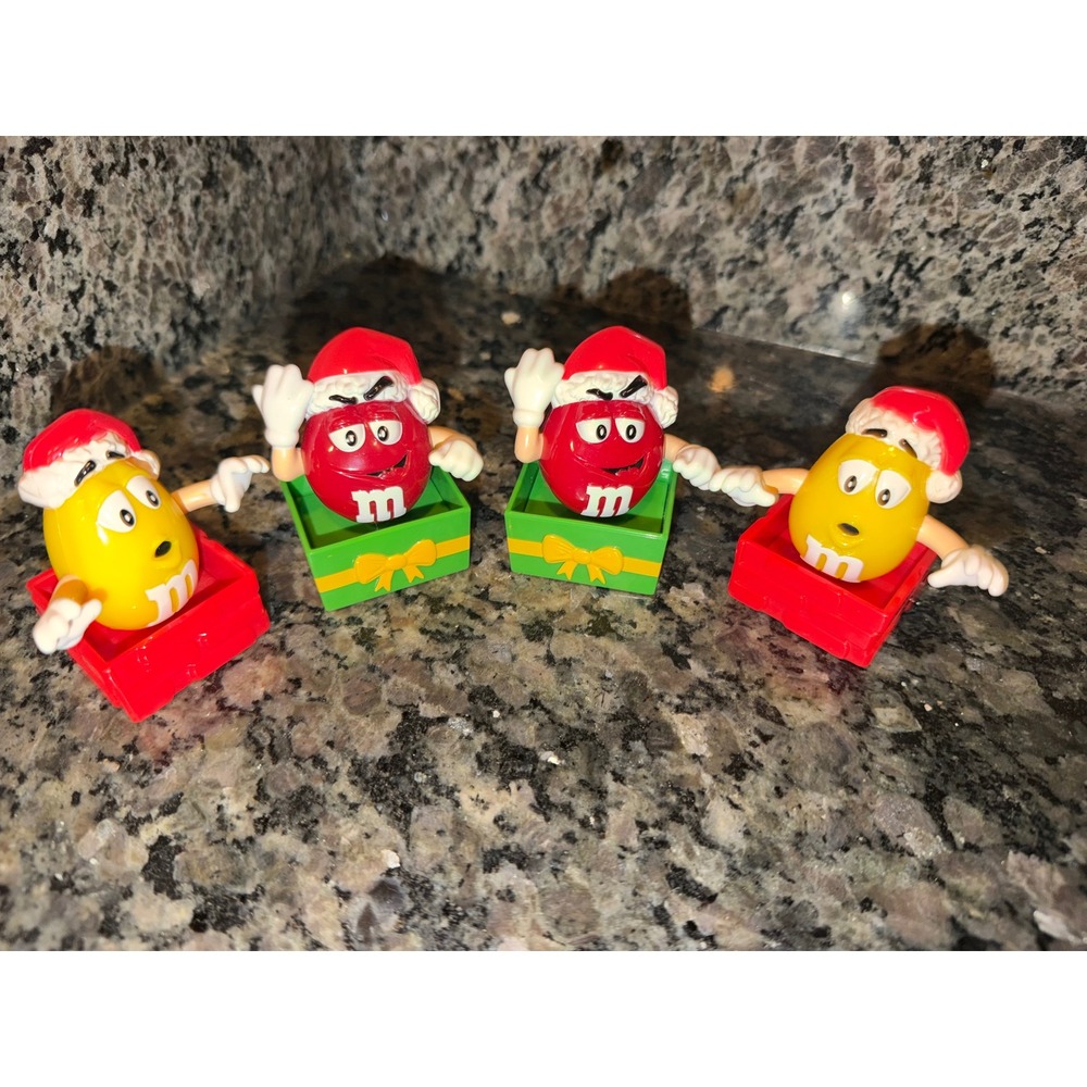 M&M's Christmas Holiday Figurines Red and Yellow Santa Hat Gift Box Set of 4